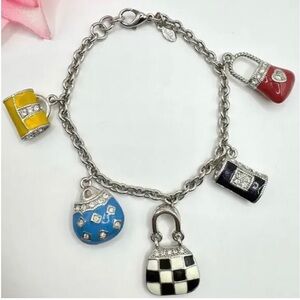 Premier Designs Purse Charm Bracelet 5 Colorful Enamel Crystal Charms Vintage